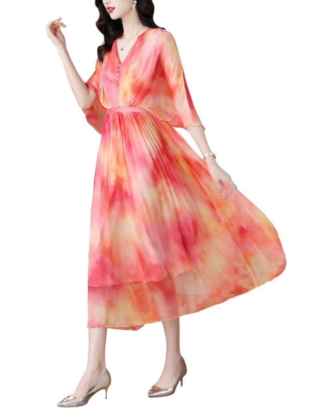100% Silk Dress Sunset Color Beach, Vacation honeymoon Cocktail size 2XL